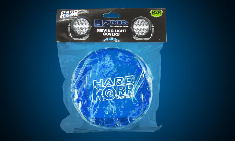 Blue protective covers for Hard Korr BZR Series driving lights